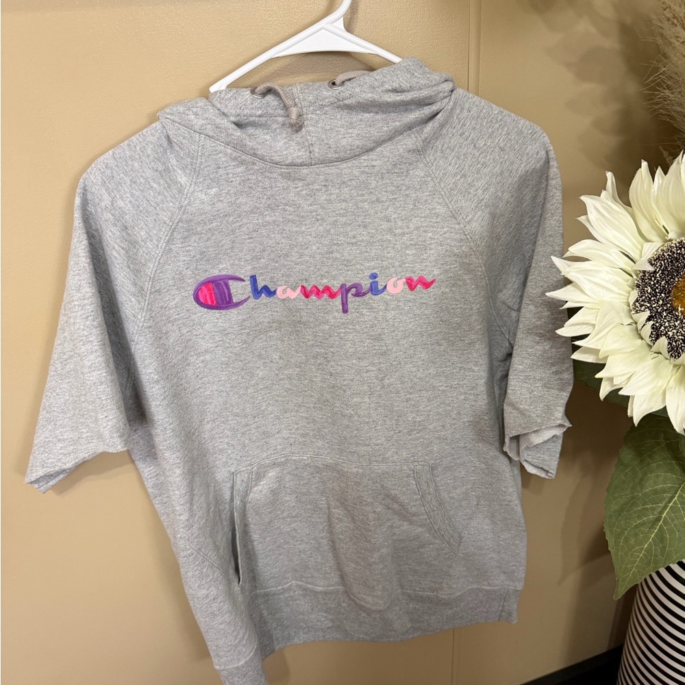 Champion Athletic Gray Hoodie with Pink and Blue Accents
